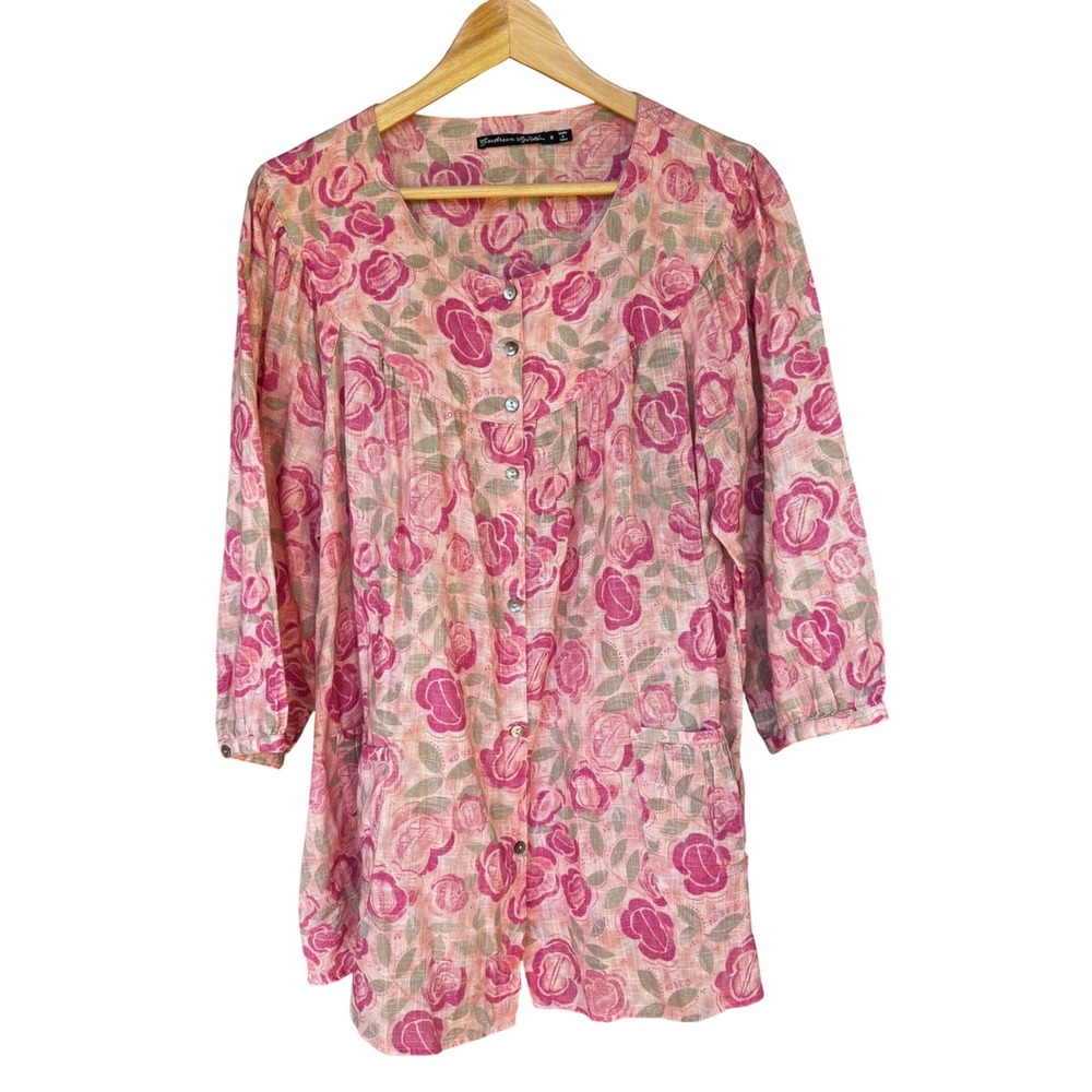 Gudrun Sjoden Pink Floral Top Cotton Size M Cottagecore Scandi Romantic Artsy